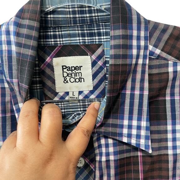 Paper Denim & Cloth Plaid Short Sleeve Collared Front Button Shirt Blue Multi L - Picture 4 of 7